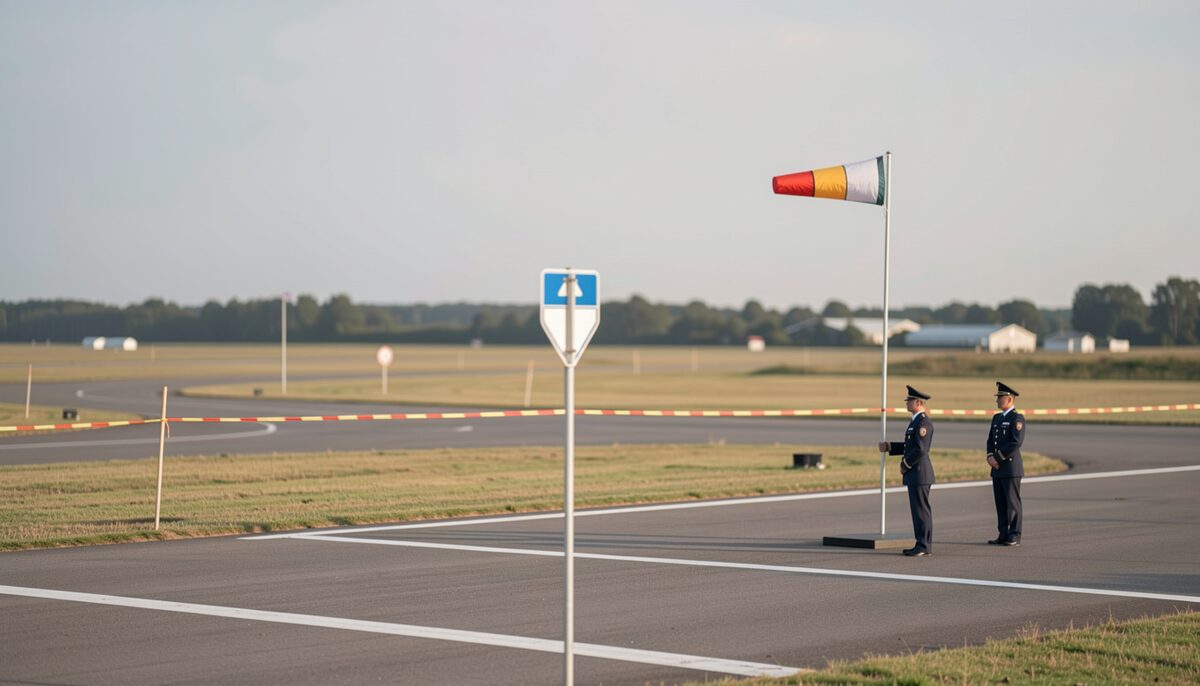 Modellflugplatz mit Windsack und Sicherheitslinie. Illustratives Bild, generiert mit KI.