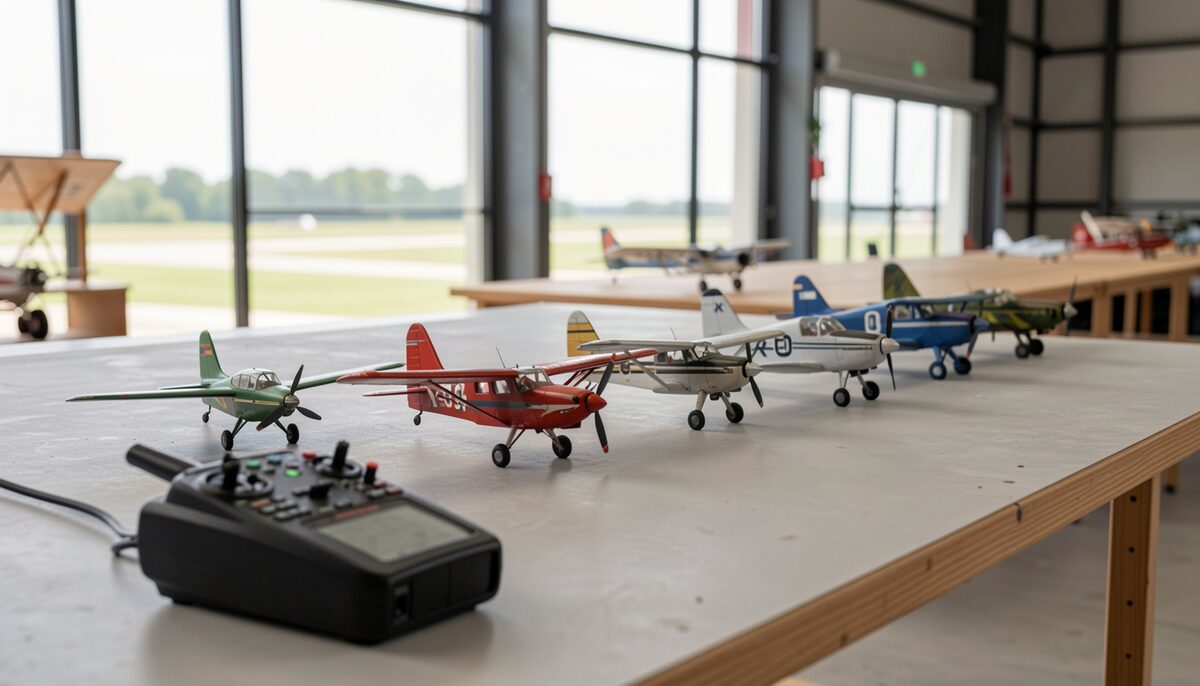 Mehrere Einsteigermodelle unterschiedlicher Größe auf einem Tisch am Modellflugplatz, im Vordergrund ein Sender. Illustratives Bild, mit KI erzeugt.