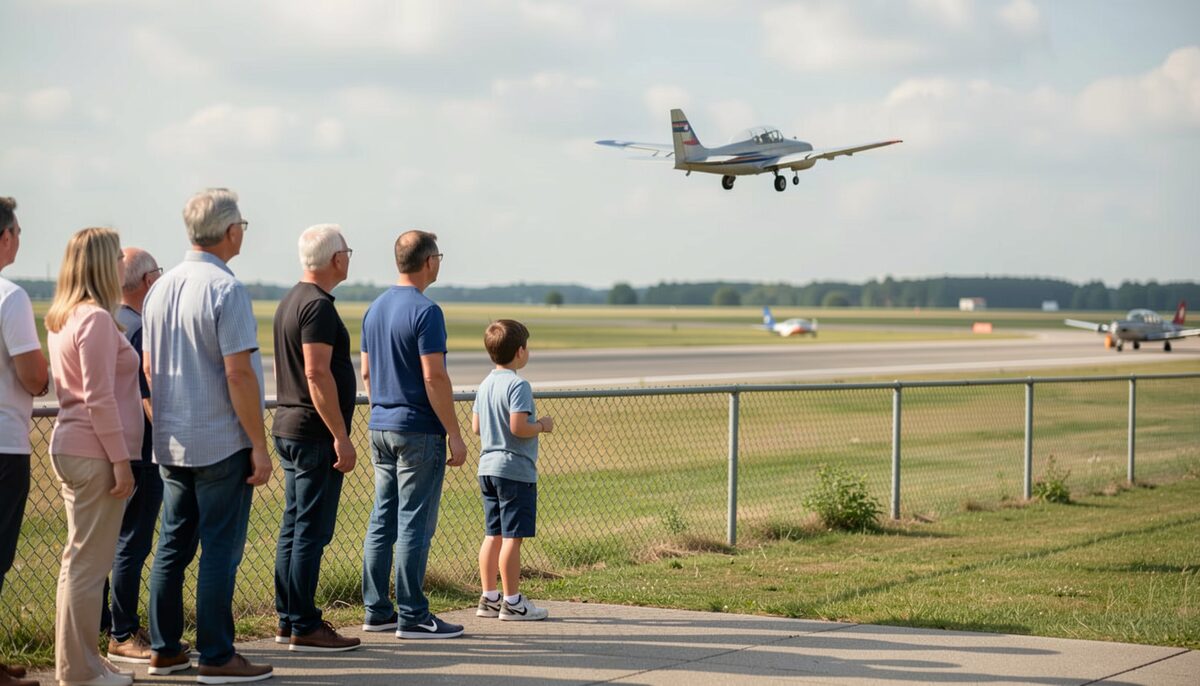Menschen jeden Alters beobachten am Zaun eines Modellflugplatzes den Start eines Modellflugzeugs. Illustratives Bild, mit KI erzeugt.